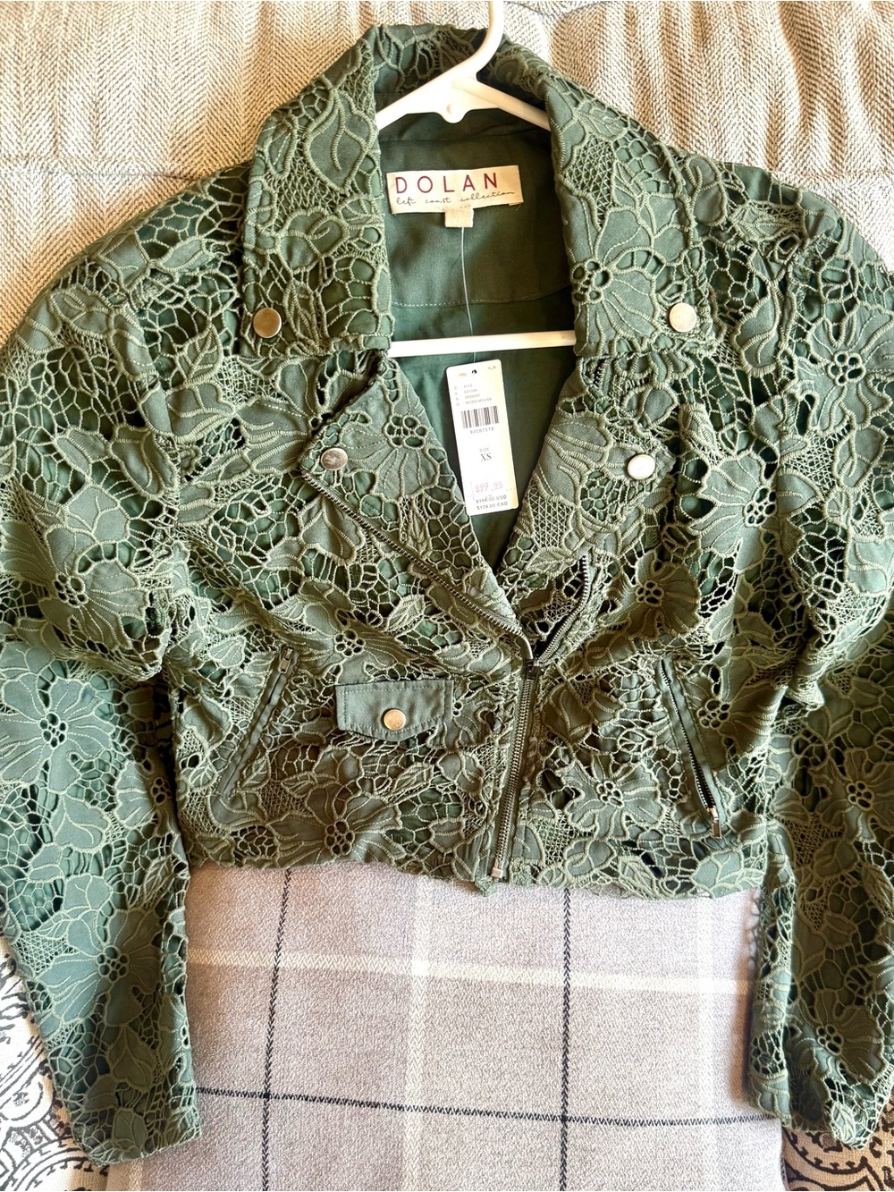 Anthropologie Olive Green Lace Cropped Moto Jacket